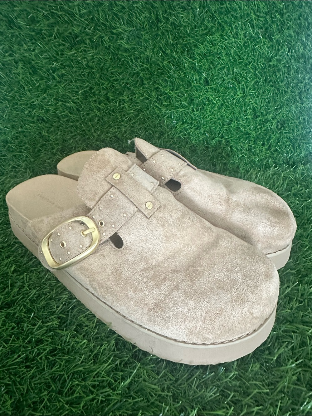 American Eagle Outfitters Taupe Suede Platform Clogs with Gold Buckle